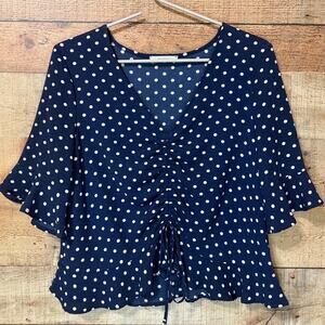 Elodie Blue & White Polka Dot Blouse Ruffle Sleeves Size Large